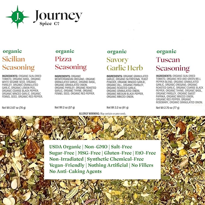Gourmet Organic Italian Spice and Seasoning Gift Set by Journey Spice Co. | Salt-Free | Pizza Seasoning | Tuscan, Sicilian, Savory Garlic Herb | 10.57 oz. (total)
