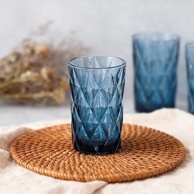 Bandesun Drinking Glass set of 6 Modern Glassware Diamond Pattern Tumbler Cup（12 OZ），for Water，Cocktail，Milk，Juice and Beverage