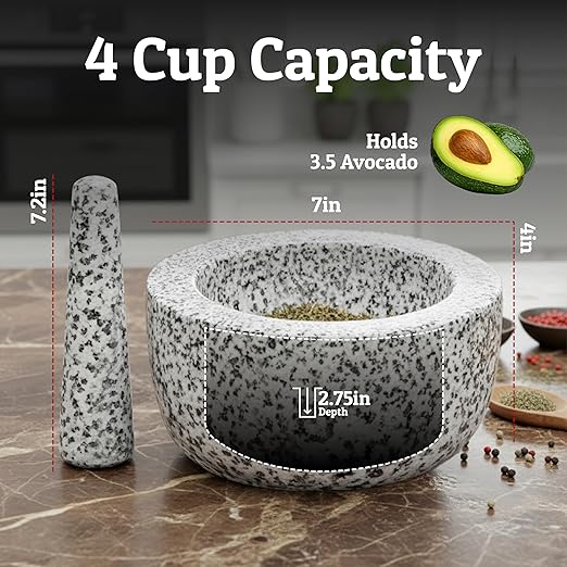 PriorityChef Heavy Duty Natural Granite Mortar and Pestle Set, 4 Cup Carved from Natural Granite, Make Fresh Guacamole, Stone Grinder Bowl, Herb Crusher, Spice Grinder, White