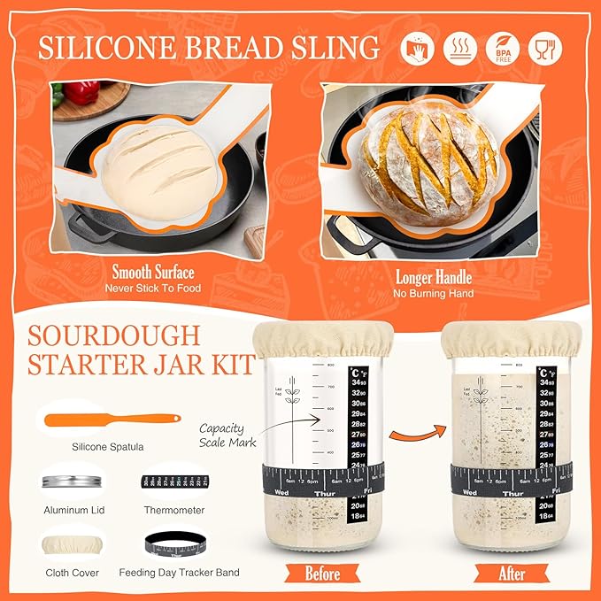 Sourdough Starter Kit, Sourdough Bread Baking Supplies, Sour Dough Starter Kits, Woven Bread Proofing Basket, Sourdough Kit Jar Sour Dough Bread Making Tools Kit Accessories, Gifts for Women Mom Wife