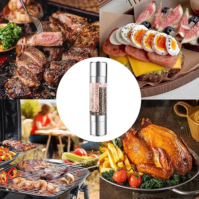 Salt and Pepper Shakers Grinder Set,2 in 1 Salt Grinder Refillable,Salt Shaker,Pepper Grinder（Stainless Steel - 8.7 Inch)