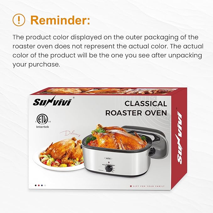 Royalcraft Roaster Oven with Self-Basting Lid, 18qt Electric Roaster with Removable Pan & Rack, Turkey Roaster Oven with Defrost & Warm Function, Stainless Steel, Black