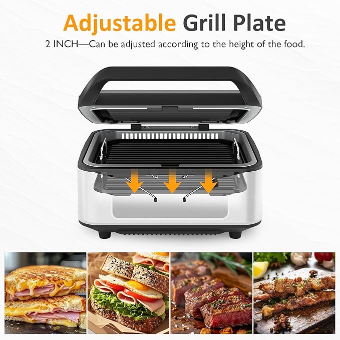 Sunvivi Indoor Grill, 1300W Smokeless Grill Indoor with Auto-Lift, Electric Griddle Nonstick with Removable Plates, Independent Upper Heating, Smart Time & Temperature Control, Easy to Clean and Store