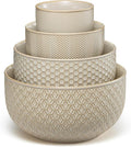 KooK Ceramic Mixing Bowls, Nesting Set of 4, Embossed Kitchen Dishware, Prep, Serving, Gift, Microwave and Dishwasher Safe, 20/44/98/145 oz, Narbonne Collection (Almond)