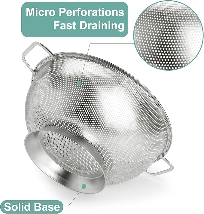 Kaishun Colander Stainless Steel 5-Quart, Kitchen Strainer for Pasta, Fruits Vegetables, Dishwasher Safe
