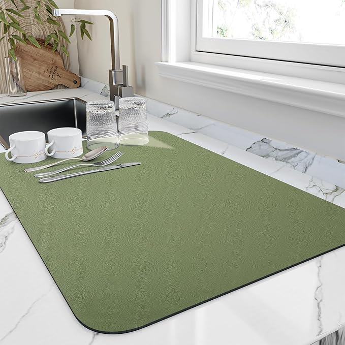 HotLive Dish Drying Mat for Kitchen Counter, Heat Resistant Drainer Mats with Non-slip Rubber Backed, Hide Stain Kitchen Super Absorbent Draining Mat, Easy to Clean Dish Rack Pad, Green 18"x28"