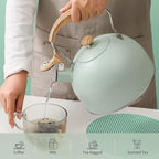 LONFFERY Tea Kettle for Stove Top, 2.5 Quart Whistling Tea Kettle, with Food Grade Stainless Steel and Wood Pattern Folding Handle, Turquoise