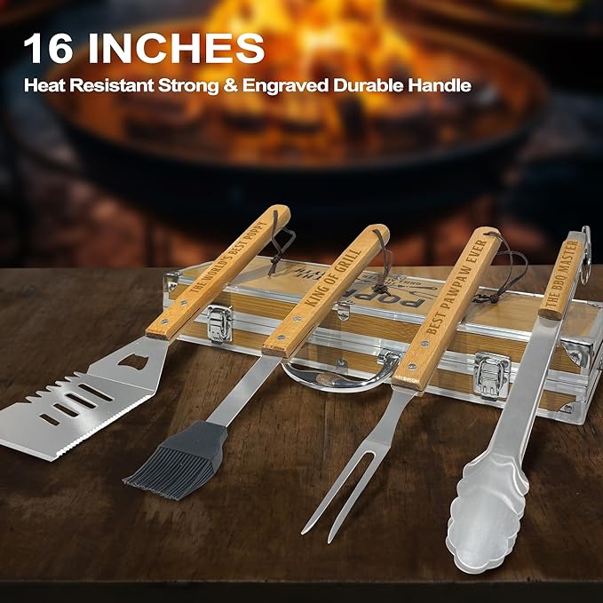 Christmas Poppy Gifts from Grandkids, Heavy Duty Wooden BBQ Grilling Accessories Kit for Backyard, Poppy Thick Stainless Steel Grill Utensils with Non-Slip Handle Tools in Portable Bag Birthday