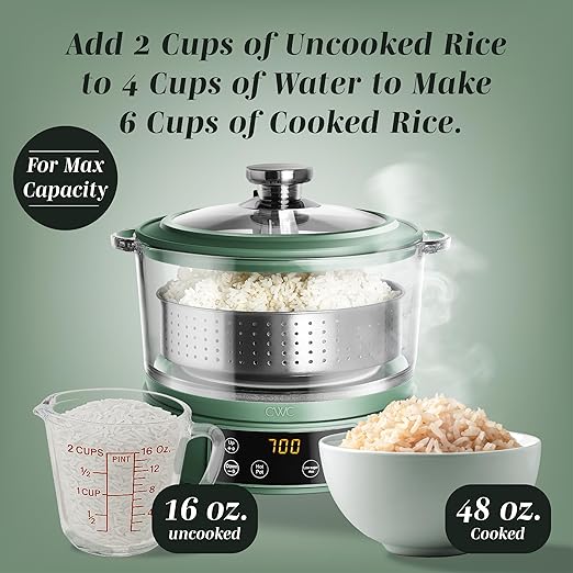 COOK WITH COLOR 3L Glass Mini Low Carb Rice Cooker – Holds 2 Cups Raw/Makes 6 Cups Cooked with Auto Lift Filter Basket, Hotpot & Steamer for Rice, Grains, Digital Panel with Keep Warm, Dark Sage