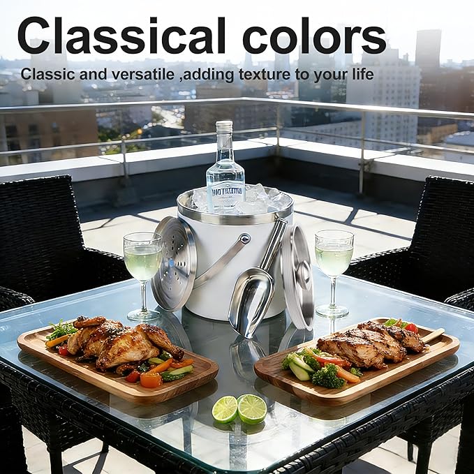 3L Double-Wall Insulated Stainless Steel White Ice Bucket with Scoop for Cocktail Bar - Metal Ice Bucket for Freezer with Lid for Parties,Camping,and More!Champagne Bucket,bar cart Accessories