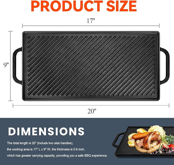 GGC Cast Iron Reversible Grill Griddle for Stove Top, Flat Griddle for Gas Grills, Flat and Ribbed Double-Side to Use, Non-Stick Griddle Plate Top Outdoor Cooking (20" x 9")