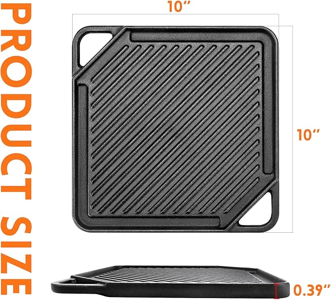 GGC Cast Iron Reversible Griddle, 2-In-1 Griddle Pan for Gas Grills and Stove Tops, 10 x 10 Square Baking Flat and Ribbed Griddle Plate