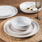 AmorArc Ceramic Dinnerware Sets for 8, 24 Pieces Handpainted Plates and Bowls Set with Rustic Terracotta Underside, Scratch Resistant Stoneware Dishes Set, Dishwasher & Microwave Safe, White