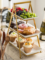 YHOSSEUN 3 Tier Serving Tray, Porcelain Tiered Tray Stand, 10+12+14 Inch Serving Platters and Trays with Collapsible Sturdier Rack, 3 Tiered Serving Stand Dessert Stands Treat Table Display Set, Gold