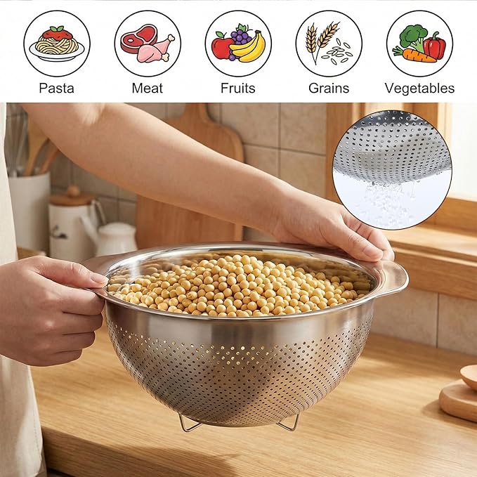 3 Pcs Stainless Steel Colander Strainer Set, Stainless Steel Strainer, Kitchen Gadget Food-Strainer Basket with Handle, Strainers and Colanders, Pasta-Strainer for Vegetable Cooking(2QT, 3QT, 5QT)