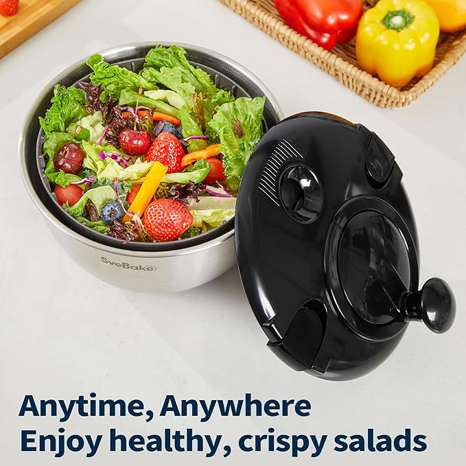 Stainless Steel Salad Spinner, 4.8 Qt Vegetable Washer, BPA-Free Lettuce Dryer with Crank Design, Dishwasher Safe, Non-Slip Base - Black Lid