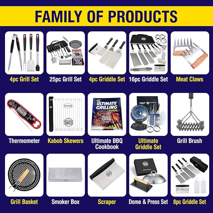 Grillers Choice -Grill Accessories for Outdoor Grill-4 pc -Grilling Tools. Commercial Professional Barbecue Set. Heavy Duty and Strong. BBQ Thongs, Fork, Spatula, Baster by Grillers Choice