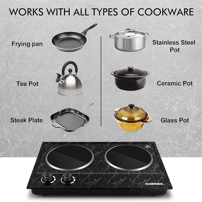Hot Plate, CUSIMAX Double Burner Electric Hot Plate for Cooking, 1800W Dual Control Portable Stove Countertop Electric Burner Infrared Cooktop, Stainless Steel Black Marble