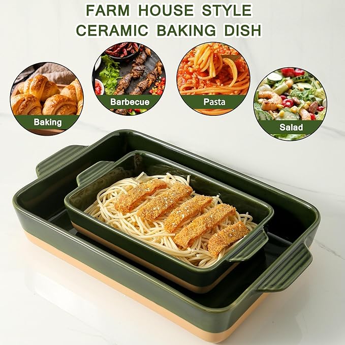 Ceramic Baking Casserole Dish with Handles, Large 9x13 inch Pan and Middle Baking Pan - Porcelain Serving Bakeware Set (Forest Green)