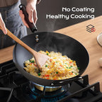 FGJ Wok, 13 Inch Carbon Steel Wok Pan Set 6PCS & Stir-fry Pans Nonstick, Pre-Seasoned 5.8QT Flat Bottom Chinese Woks Paella Pan Set, Carbon Steel Cookware, Compatible with All Cooktops