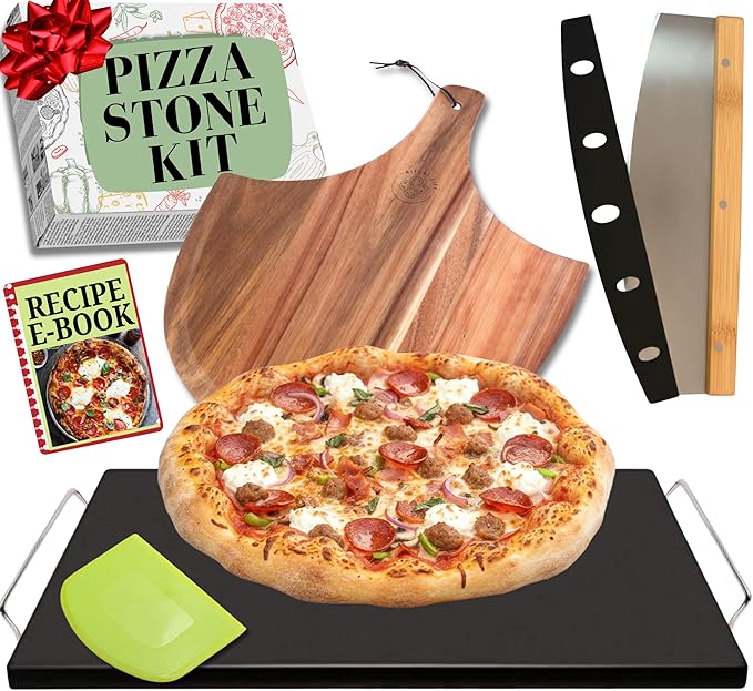 Easy Clean, Non Stick Ceramic Pizza Stone - Pizza Stones for Grill with Handles, Pizza Peel, Pizza Cutter, Dough Tool - Bread Baking Stone - 15 inch Ceramic Pizza Pan - Pizza Oven Accessories Kit