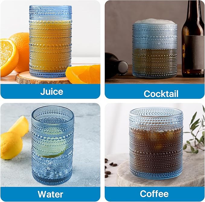 Hobnail Drinking Glasses Set of 12 Count, Vintage Glassware, Old Fashioned Glasses, 6 Highball Bubble Drinking Cups 14.5 oz, 6 Rocks Cups 10 oz with 6 Silicone Coasters, Blue