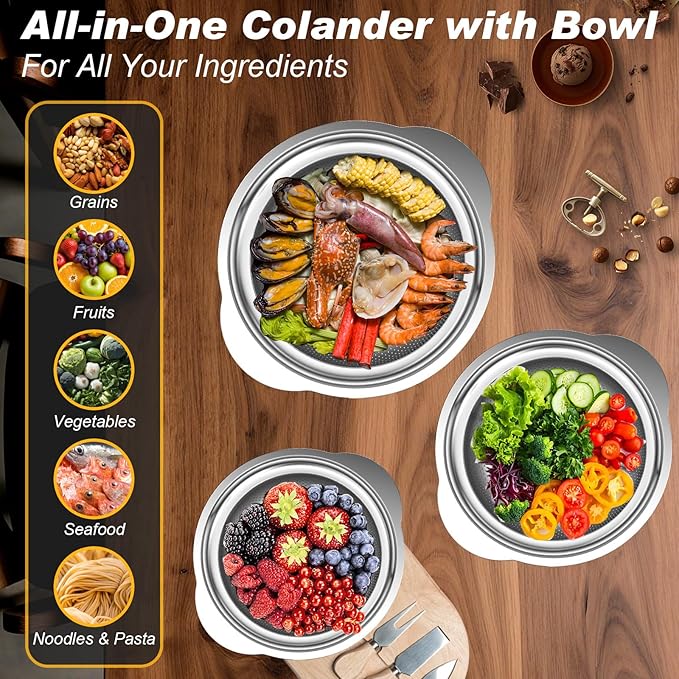 Colander, Stainless Steel Colander with Mixing Bowls (3.5QT), 3Pcs Strainer for Kitchen Gadget Food Strainer Basket with Handle, Colanders Bowl for Pasta Noodles Spaghetti Vegetables Fruit (3.5+3+2QT)