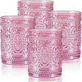abrwyy Pink Glassware set of 4, Vintage Drinking Glasses, 10oz Pink Heavy Duty Glass Cups, Old Fashioned Glass, Embossed Glasses Set for Party Wedding Home Office Glassesware Gift