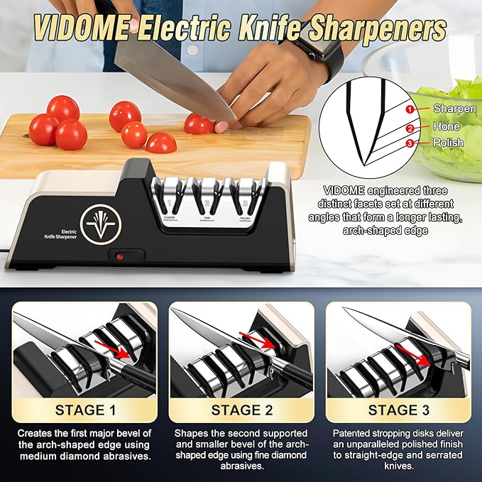 VIDOME Professional Electric Knife Sharpener with 100% Diamond Abrasives, 3-Stage Precision Angle Guides, Champagne Gold, for Kitchen Straight Edge and Ceramic Knives