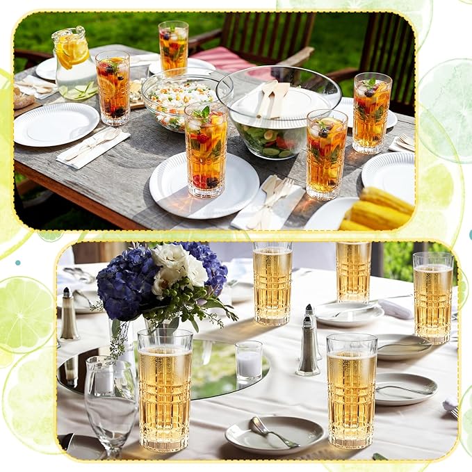 Uiifan Set of 12 Tall Highball Glasses 12 oz Crystal Drinking Glasses Clear Fancy Cups Vintage Textured Designer Glassware for Cocktail Tea Water Beer Soda Beverages, Dishwasher Safe (Modern Style)