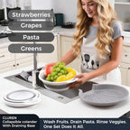 Collapsible Colander Set with Oversized Draining Tray | 3-Pack Foldable Kitchen Strainers + Base | Space Saving for Pasta, Veggies, Fruit & Rice | 5 Colors (Gray-White)