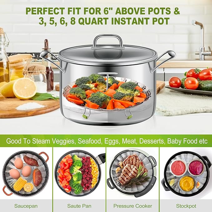 Pavsrmy Steamer Basket, 3rd Generation Stainless Steel Vegetable Steamer with Extendable Handle for Cooking Food, Folding & Expandable Veggie Steam Insert, Fit Various Size Instant Pot (5.5" to 9")