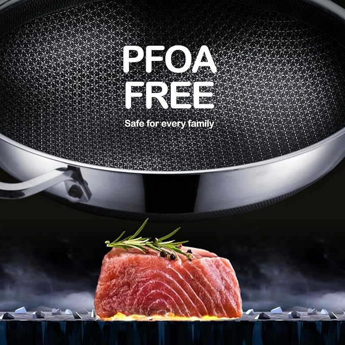 DOTCLAD Wok pan,Hybrid 13 inch Wok with Lid, PFOA Free Cookware,non stick Stainless Steel Woks & Stir-fry pans Nonstick, Dishwasher and Oven Safe, Works on Induction
