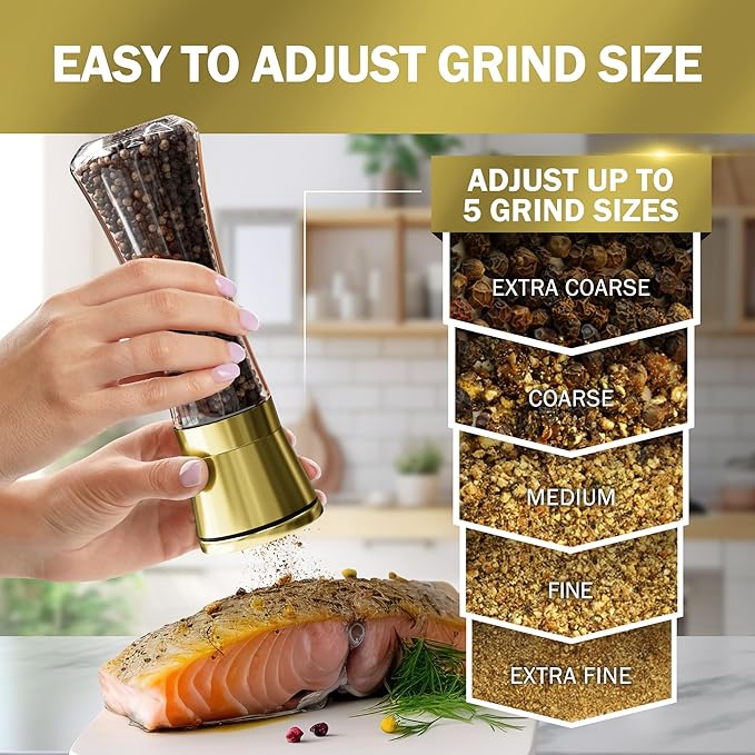 HOME EC Original Stainless Steel Salt or Pepper Grinder 1pk - Adjustable Ceramic Sea Salt Grinder or Pepper Mill - Tall Glass Spice Shaker - Spice Mill w/Ebook (Gold)