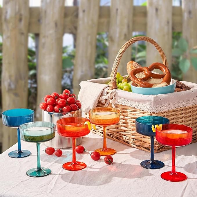 Khen Plastic Acrylic Ribbed Vintage Art Deco Martini, Champagne & Cocktail Retro Color Shatterproof Coupe Glasses | Set of 6 | 8 oz Ripple Glassware Classic Cocktail Indoor & Outdoor, European Style