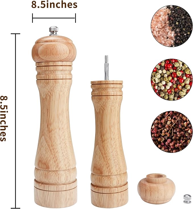 Gulex® Wood Pepper Grinder Pepper Mill,Adjustable Coarseness 8 Inch Wooden Peppermill, Ceramic Grinding Mechanism Salt Mill Refillable (1 pack) (Light-1PC)