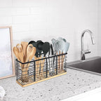 Suli Extra Large Kitchen Utensil Holder Countertop with 4 Compartments,Matte Black Metal holder with Wooden Base for Countertop,Farmhouse Utensil Organizer for counter,Rustic Cooking Utensil Organizer