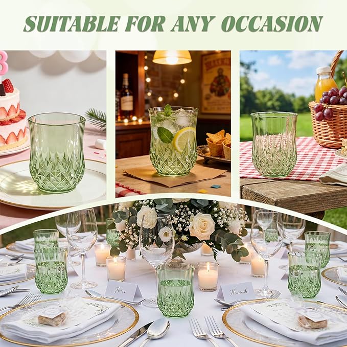 40 Pack Plastic Stemless Wine Glasses,12oz Unbreakable Vintage Elegant Drinking Glass Set,Reusable Fancy Cocktail Cups for Party, Wedding, and Bulk Events (40, 12oz-Sage Green)