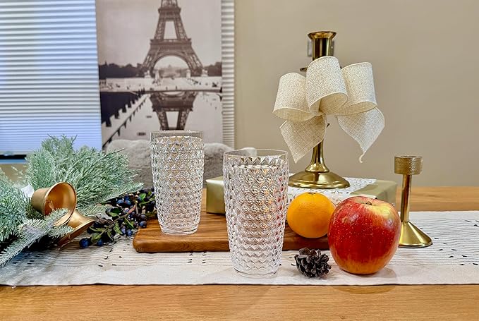 KLIFA- ASPEN- 17.6 ounce, Set of 6, Acrylic Vintage Drinking Glasses, Shatter-proof Highball, BPA-Free, Stackable Plastic Drinkware, Dishwasher Safe Cups, Clear