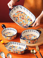 Colorful Cherry Blossom Flowers Vintage Style Ceramic Bakeware Dish Casserole Dish Baking Pan Lasagna Pans with Handles for Oven/Cooking/Kitchen, 1 PCS, 22 oz