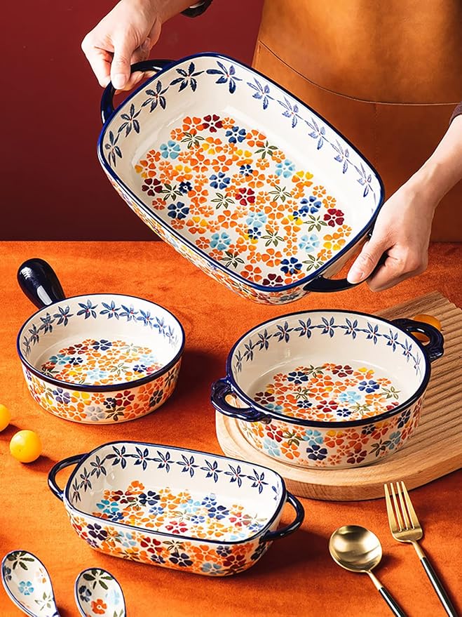 Colorful Cherry Blossom Flowers Vintage Style Ceramic Bakeware Dish Casserole Dish Baking Pan Lasagna Pans with Handles for Oven/Cooking/Kitchen, 1 PCS, 20 oz