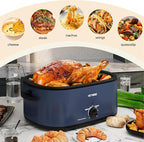 26Qt Turkey Roaster Oven Buffet with Self-Basting Lid, 1450W Electric Roaster Oven with Cool-Touch Handles, with Removable Pan and Rack, Blue