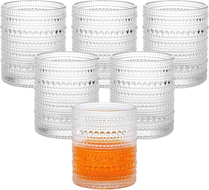 Moretoes Cocktail Glasses10 OZ Hobnail Drinking Glasses Set of 6, Vintage Whiskey Glassware, Textured Glass Cups Bubble Glasses Water Glasses Old Fashion Jupiter Glasses Set (Clear)