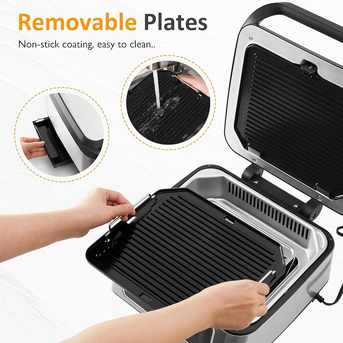 Sunvivi Indoor Grill, 1300W Smokeless Grill Indoor with Auto-Lift, Electric Griddle Nonstick with Removable Plates, Independent Upper Heating, Smart Time & Temperature Control, Easy to Clean and Store