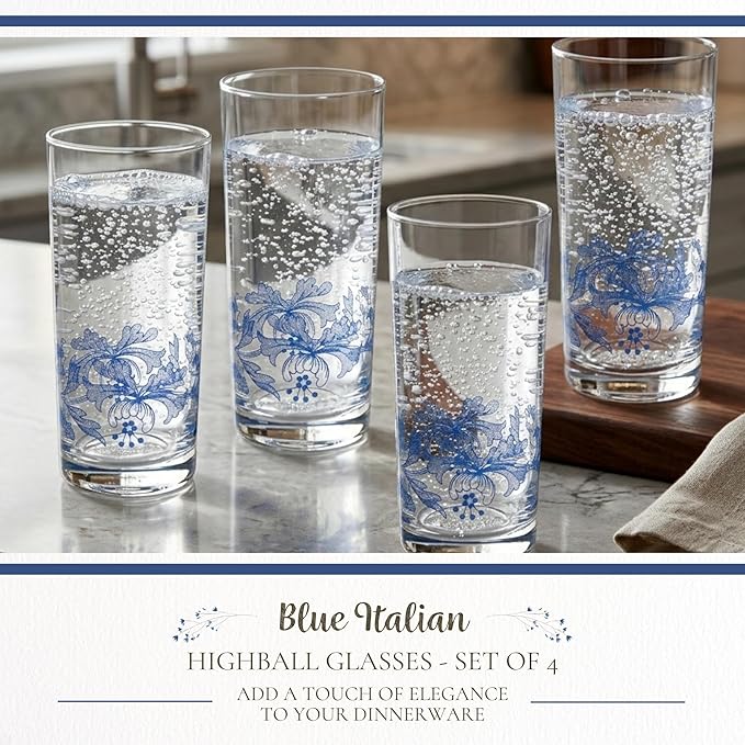 Spode Blue Italian Highball Glasses | Set of 4 | 15 Ounce Capacity | Tall Glasses for Drinking Cocktails, Mojito, Scotch, Water, and Juice | Handwash Only