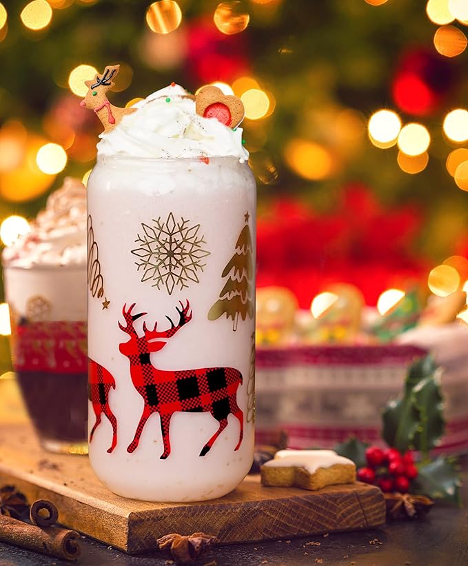 ANOTION Christmas Cups, 18oz Christmas Coffee Mugs Glass Cups with Lid and Straw Colorful Xmas Tree Tumbler Drinking Glasses Glassware Drinkware Cookie Jar Home Decoration Gifts for Women Kids Men