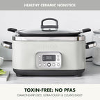 GreenPan Elite 14-in-1 Nonstick 6QT Electric Slow Cooker, PFAS-Free Ceramic Multi-Cooker, In-Pot Browning, Dishwasher Safe Lid & Removable Crock, Stainless Steel Steamer, Silicone Handles, White