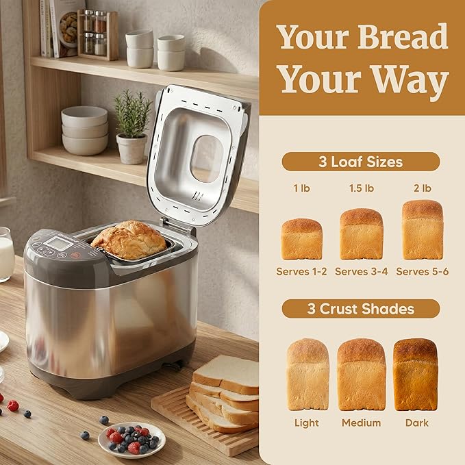 Elite Gourmet EBM8103SS Programmable Bread Maker Machine, 3 Loaf Sizes, 19 Menu Functions Gluten Free White Wheat Rye French and more, 2 Lb, Stainless Steel