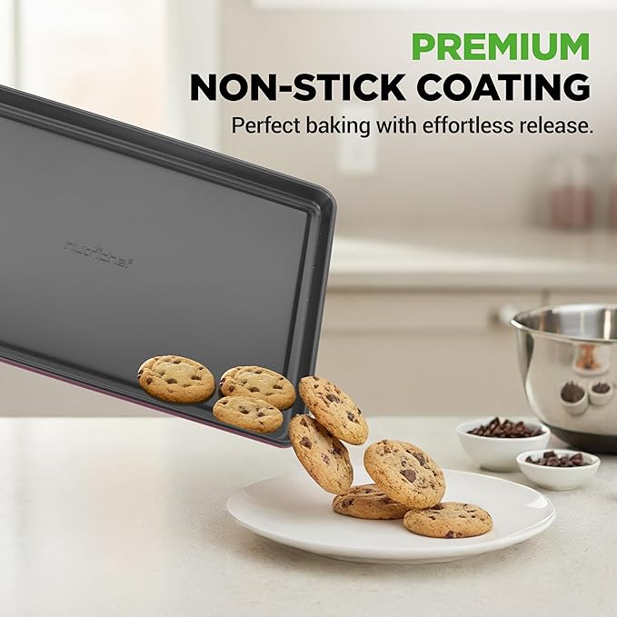 NutriChef 8-Piece Nonstick Stackable Bakeware Set - PFOA, PFOS, PTFE Free Baking Pan Set w/Non-Stick Coating, 450°F Oven Safe, Round Cake, Loaf, Muffin, Wide/Square Pans, Cookie Sheet (Plum)