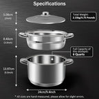 6 QT Stainless Steel Cookware Set, 3-Piece Multipurpose Stock Pot with Steamer Pot and Tempered Glass Lid, Stainless Steel Handle, Work with Gas Electric Induction Stove